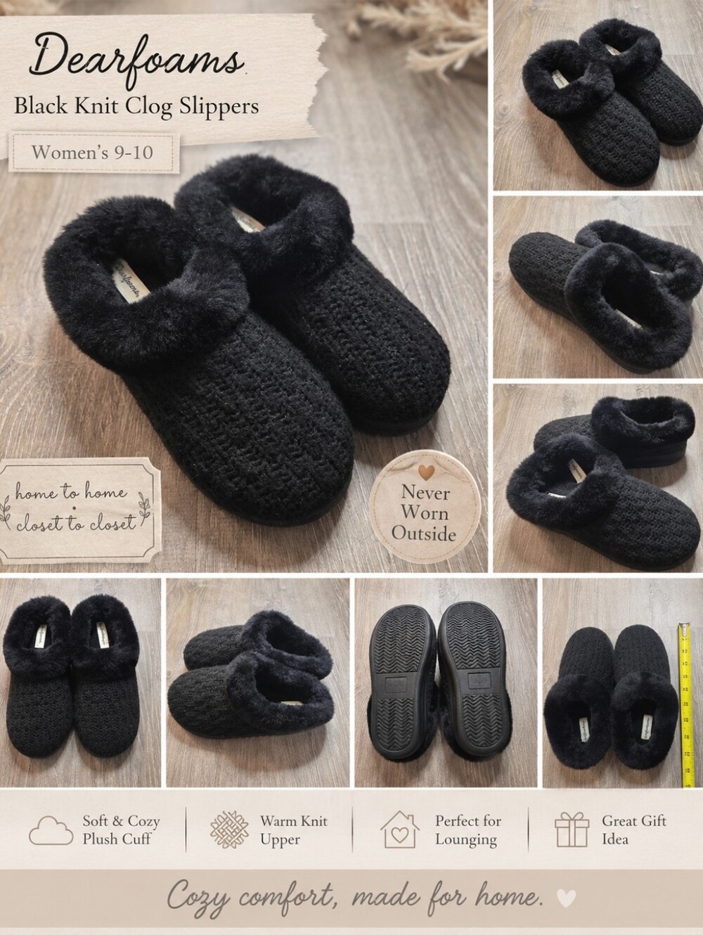 Dearfoams Hannah Knit Clog House Slippers Women’s Size Large • US 9–10 • Black